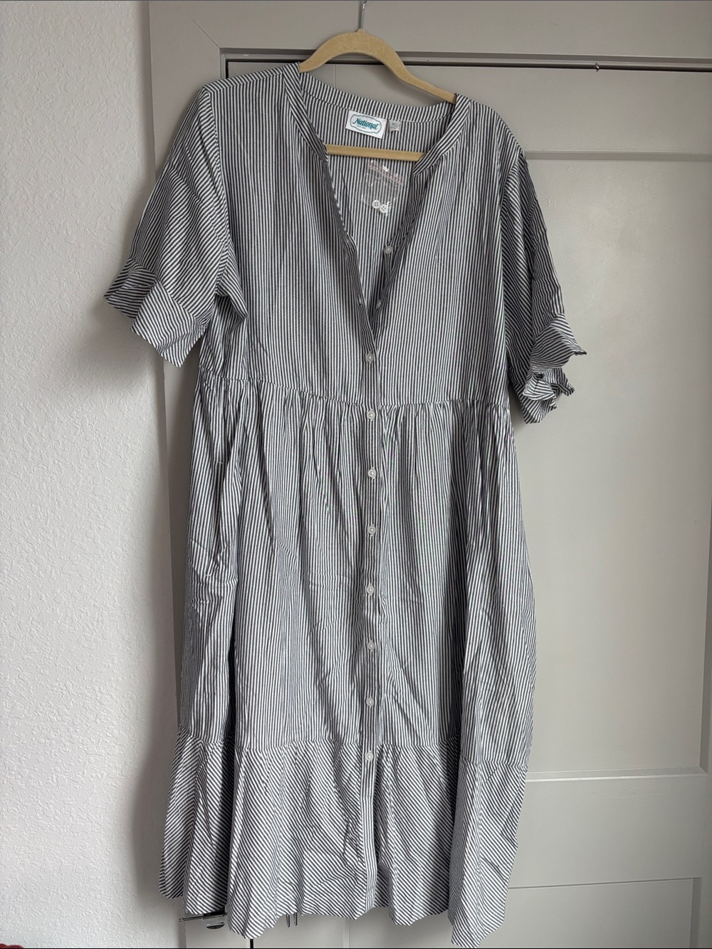 Striped Button-Front Midi Dress in Gray and White
